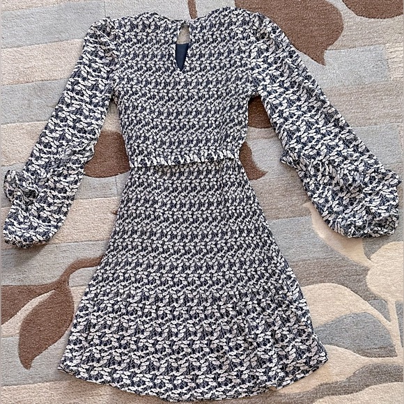 Boden Long Puff Sleeve Plisse’ Belted A-line Mini Dress French Navy Poppy Vine - Picture 6 of 12